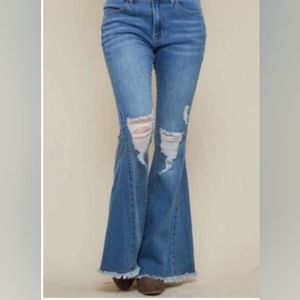 Saints and Hearts Medium Wash Distressed Curvy Bell Bottom Jeans Size 2XL